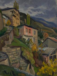 Makrinitsa Evening, Red House Upward — Oil painting, Canvas, 50.00×65.00cm — Theodoros Markellos